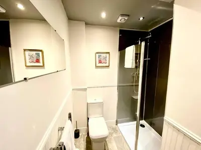 a bathroom with a toilet and a shower at Historic 2-Bed Paisley Retreat, Airport & Station in Paisley