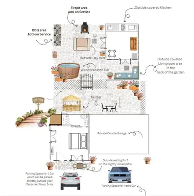 a floor plan of a house with a car at Rural Private Lodge - With Hot Tub - Outdoor Kitchen and Covered Lounge for Two in Crook of Devon