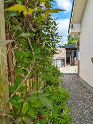 a bush with flowers on the side of a building at Rural Private Lodge - With Hot Tub - Outdoor Kitchen and Covered Lounge for Two in Crook of Devon