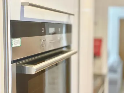 a close up of an oven with its door open at Clyde Villa in Glasgow