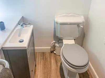 a bathroom with a white toilet and a sink at Holmbyre Smithy in Dalry
