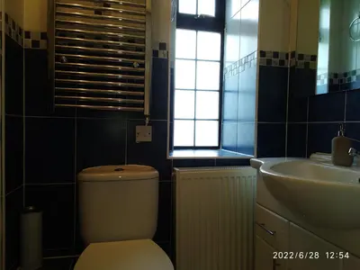 a bathroom with a toilet and a sink at Cottage with Panoramic Views in Kirk of Shotts