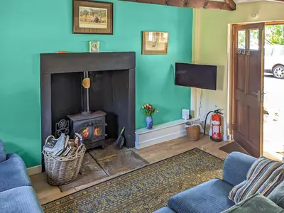 a living room with a couch and a fireplace at Port Righ Cottage in Carradale