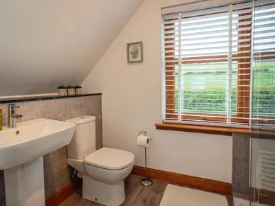 a bathroom with a toilet and a sink and a window at Kringlands in Stranraer