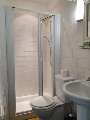 a bathroom with a shower and a toilet and a sink at Lovely 2 bedroom flat in the heart of the city in Edinburgh