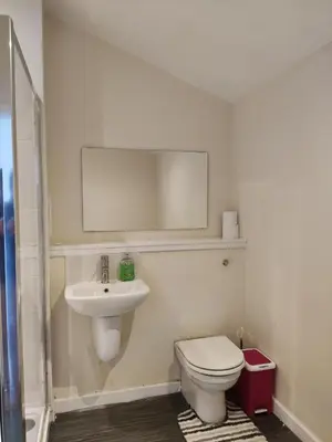 a bathroom with a sink and a toilet and a mirror at My room in Edinburgh