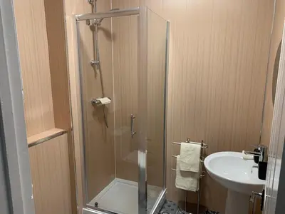a bathroom with a shower and a sink at Nelson st (YELL) in Largs