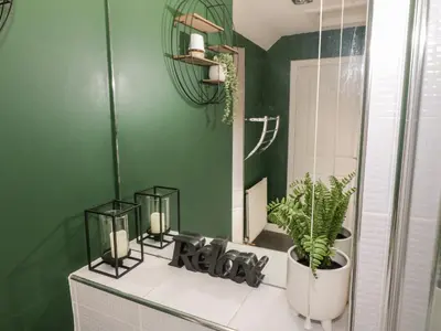 a bathroom with a mirror and a plant on a counter at Greystones Cottage in Crieff