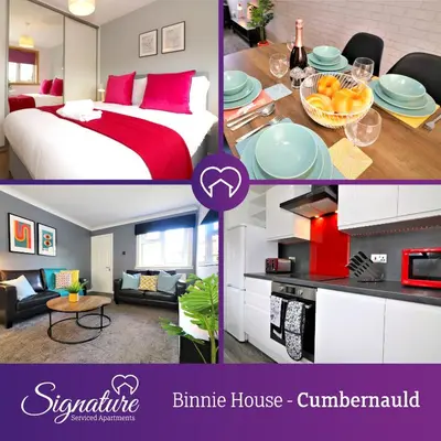 a collage of pictures of a bedroom and a living room at Signature - Binnie House in Cumbernauld