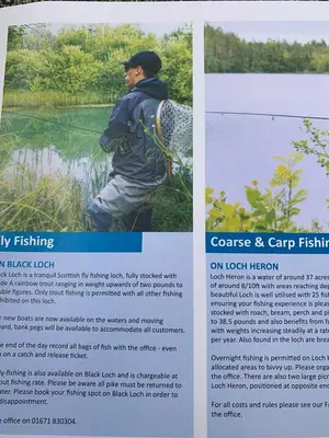 a flyer with a man standing on a lake at HV66 - FREE WIFI-3 Bedrooms Indoor Pool Loch Views Fishing Golf Riding Shooting Water Sports 15 Mins Drive To Beaches PASSES NOT INCLUDED Most Activities Will Not Be Available Out Of Season Please Check Before Booking in Newton Stewart