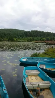 three blue boats on a lake with trees in the background at HV66 - FREE WIFI-3 Bedrooms Indoor Pool Loch Views Fishing Golf Riding Shooting Water Sports 15 Mins Drive To Beaches PASSES NOT INCLUDED Most Activities Will Not Be Available Out Of Season Please Check Before Booking in Newton Stewart