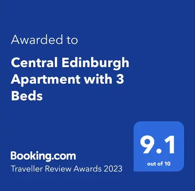 a blue sign with the text awarded to central enrollment appointment with beds at Traveller Award Winner 2024 - Edinburgh Apartment with 3 Beds in Edinburgh