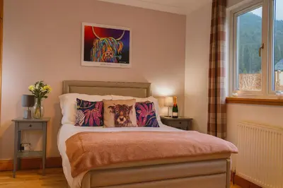 a bedroom with a bed with two dogs on it at Gleann Fia House in Arrochar
