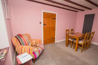 a dog sitting in a chair in a room with a table at Tig Cottage - a rural, quirky, pet friendly 2 bedroom cottage near Ballantrae in Ballantrae