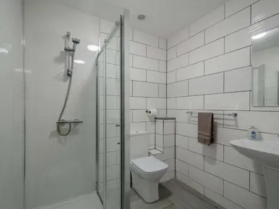 a bathroom with a shower and a toilet and a sink at Westertonhill Lodge - 4 Bedrooms Sleeps 10 with Private Hot Tub Hire Available in Balloch