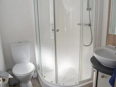 a bathroom with a shower and a toilet and a sink at Devin Lodge in Dollar