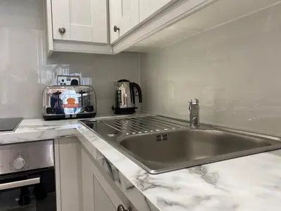 a kitchen with a stainless steel sink and a appliance at The Buckingham Studio in Glasgow