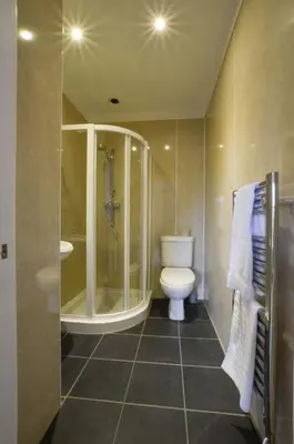 a bathroom with a toilet and a shower and a sink at Cologin Farmhouse in Oban