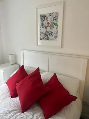 a bed with red pillows and a picture on the wall at Glenbervie - Beautifully refurbished, self-contained apartment in Fife