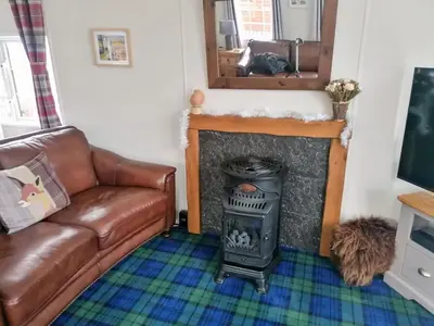 a living room with a couch and a stove at Salmon-Leap Lodge in Dollar