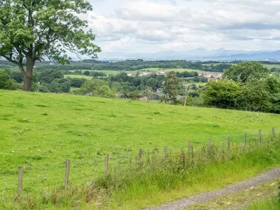 a field of green grass with a fence and a tree at Tunturi - Cottage in Linlithgow