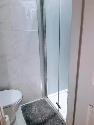 a bathroom with a shower and a toilet at Cosy 3 bedroom home in centre of Brodick in Brodick