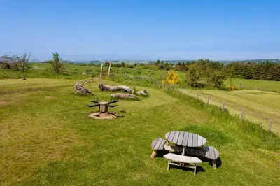 a field with two benches and a table in the grass at Honeysuckle Cottage at Williamscraig Holiday Cottages in Linlithgow