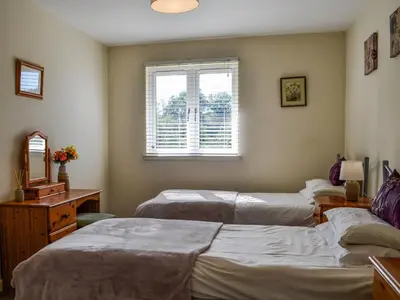 a room with three beds and a window at Hazel - Apartment in Aberfoyle