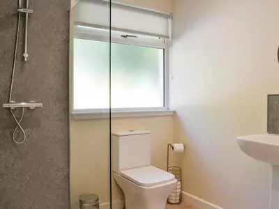 a bathroom with a toilet and a window at Hazel - Apartment in Aberfoyle