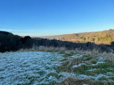 a field covered in snow with grass and trees at Ecosse Glamping in Crossford