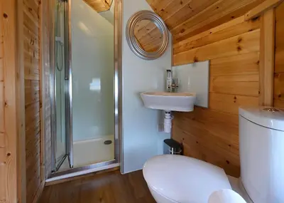 a bathroom with a toilet and a shower and a sink at Leven View Lodges - Carness in Fort William