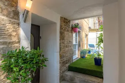 a courtyard with plants and a window in a building at Lovely 2 Bedroom Garden Flat in trendy West End in Glasgow