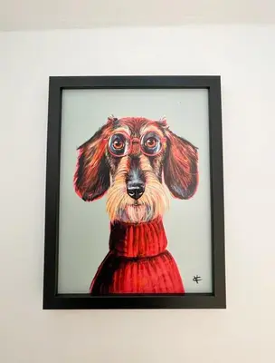 a painting of a dog wearing a red sweater and glasses at Stunning Loft Apartment South Queensferry High St Bridge Views! in Queensferry