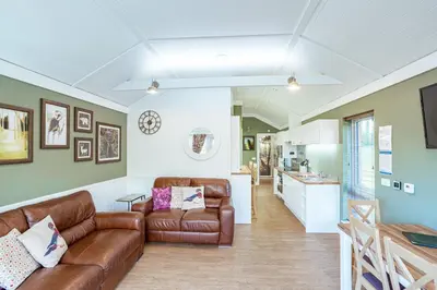 a living room with a leather couch and a table at Squirrel Lodge 42 with Hot Tub in Newton Stewart