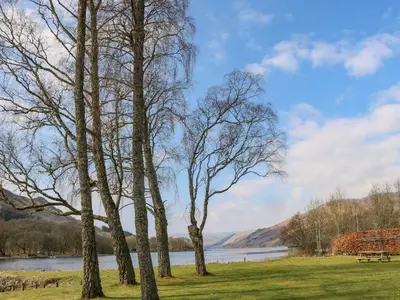 a park with trees and a bench next to a lake at Hollybirch in Crieff