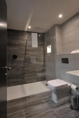 a bathroom with a shower and a toilet and a sink at The Beach House Loch Lomond in Luss