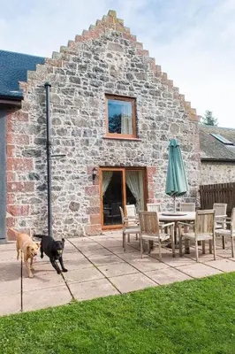 two dogs walking on a patio with a table and umbrella at The Granary with Hot Tub in Forgandenny