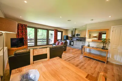 a living room with a couch and a kitchen at Bluebell Lodge 2 with Hot Tub in Newton Stewart