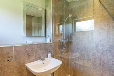 a bathroom with a sink and a glass shower at Birch Lodge 12 with Hot Tub in Newton Stewart