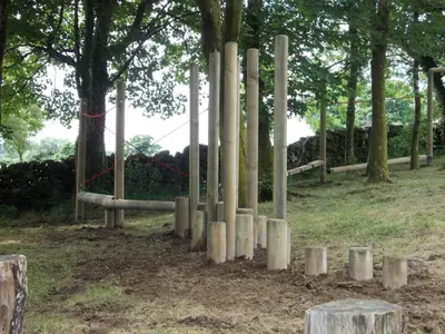 a group of bamboo poles in a field with trees at Birch Lodge 17 with Hot Tub in Newton Stewart
