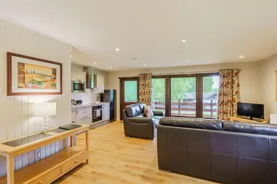 a living room with a couch and a table at Bluebell Lodge 4 with Hot Tub in Newton Stewart