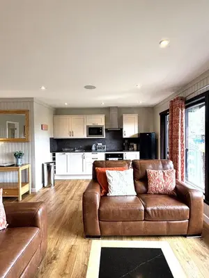a living room with a couch and a kitchen at Bluebell Lodge 9 with Hot Tub in Newton Stewart