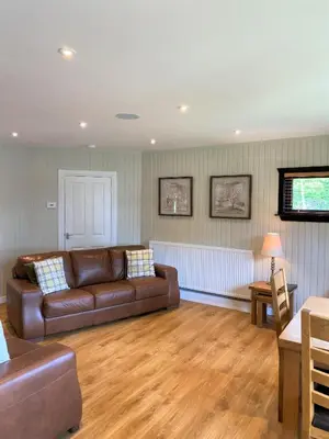 a living room with a couch and a table at Birch Lodge 18 with Hot Tub in Newton Stewart