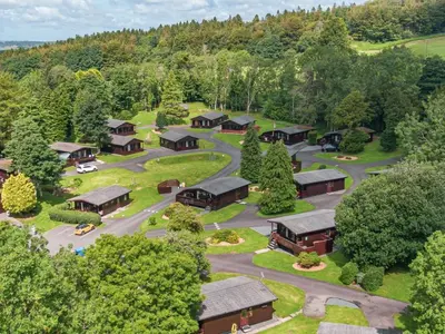 an aerial view of a village with trees and buildings at Birch Lodge 19 with Hot Tub in Newton Stewart