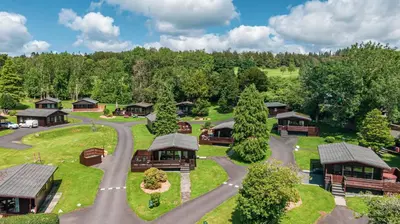 an aerial view of a resort with a road and trees at Birch Lodge 19 with Hot Tub in Newton Stewart