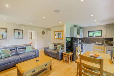 a living room with a couch and a table at Birch Lodge 21 with Hot Tub in Newton Stewart