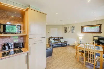a kitchen and a living room with a table at Birch Lodge 16 in Newton Stewart
