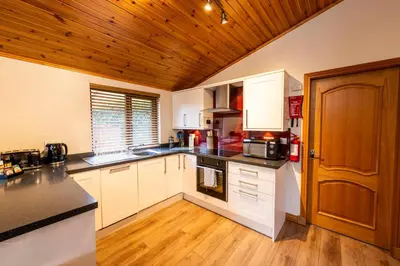 a kitchen with white cabinets and a wooden ceiling at Laurel Lodge 6 with Hot Tub in Newton Stewart