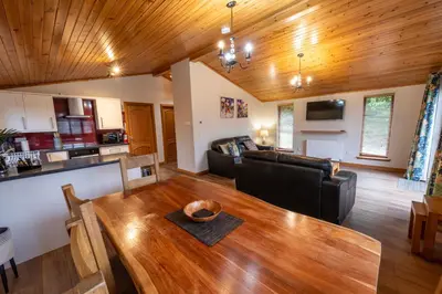a living room with a table and a couch at Laurel Lodge 6 with Hot Tub in Newton Stewart
