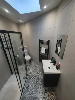 a bathroom with a shower and a sink and a toilet at The Creek-Stone Den in Oban
